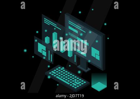 Data analysis in isometric vector design. Technician in datacenter or data center room background. Network mainframe infrastructure website layout. Co Stock Vector