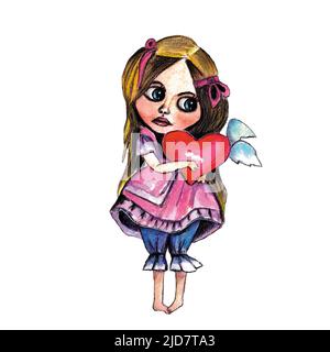 Hand drawn beautiful, cute girl- doll with big eyes with red heart-angel.Isolated on black background.Watercolor illustration filtered in Photoshop Stock Photo