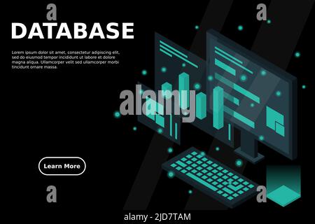 Data analysis in isometric vector design. Technician in datacenter or data center room background. Network mainframe infrastructure website layout. Co Stock Vector
