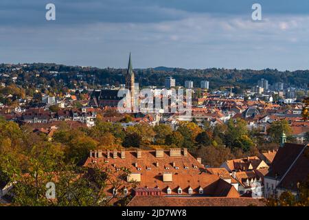 Aerial panorama view of Graz city old town from Schlossberg on a sunny day in autumn, with the Church of the Sacred Heart of Jesus (Herz-Jesu-Kirche) Stock Photo