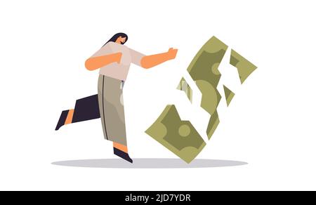 businesswoman with broken paper banknote financial crisis bankruptcy concept horizontal full length Stock Vector
