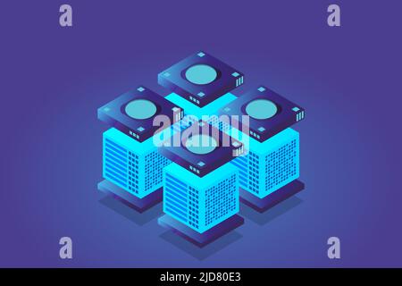 Concept of big data processing energy station of future server room rack data center isometric vector illustration Stock Vector
