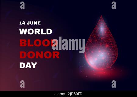World blood donors day concept. Banner template with glowing low poly. Futuristic modern abstract. Isolated on dark background. Vector illustration. Stock Vector