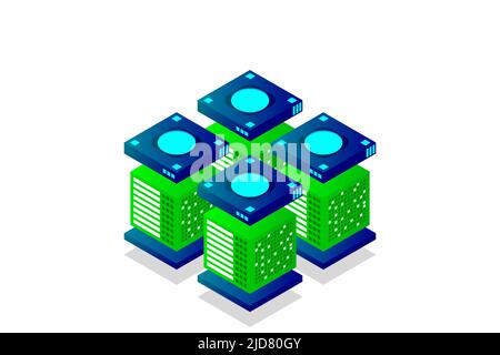 Concept of big data processing energy station of future server room rack data center isometric vector illustration Stock Vector