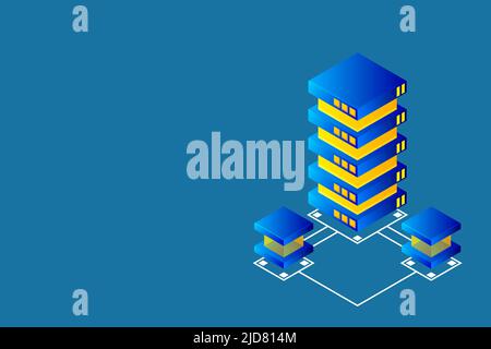 Transfer of user data to the server. Data flow. Data storage. Server. Digital space. Data center. Big Data. Conceptual illustration. Isometric vector Stock Vector