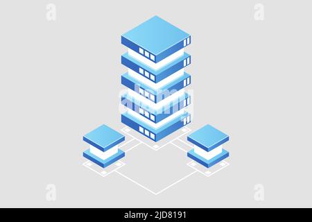 Transfer of user data to the server. Data flow. Data storage. Server. Digital space. Data center. Big Data. Conceptual illustration. Isometric vector Stock Vector