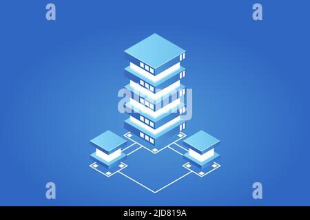 Transfer of user data to the server. Data flow. Data storage. Server. Digital space. Data center. Big Data. Conceptual illustration. Isometric vector Stock Vector