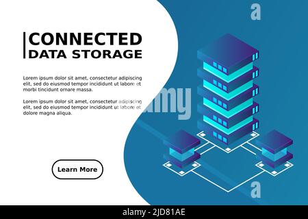 Transfer of user data to the server. Data flow. Data storage. Server. Digital space. Data center. Big Data. Conceptual illustration. Isometric vector Stock Vector
