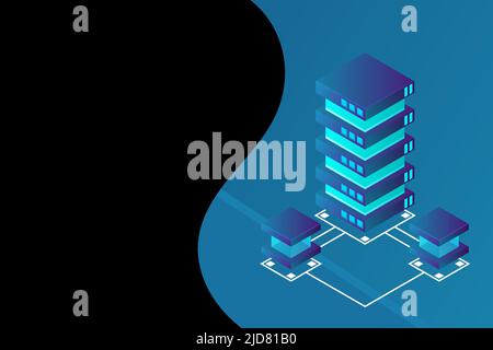 Transfer of user data to the server. Data flow. Data storage. Server. Digital space. Data center. Big Data. Conceptual illustration. Isometric vector Stock Vector