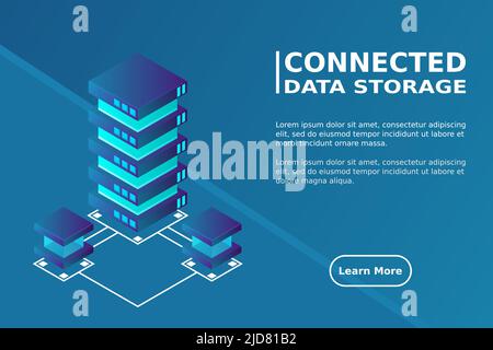 Transfer of user data to the server. Data flow. Data storage. Server. Digital space. Data center. Big Data. Conceptual illustration. Isometric vector Stock Vector