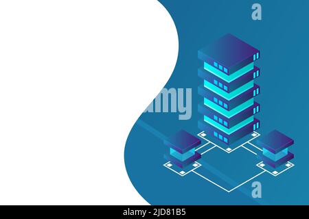 Transfer of user data to the server. Data flow. Data storage. Server. Digital space. Data center. Big Data. Conceptual illustration. Isometric vector Stock Vector