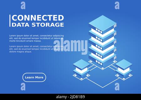 Transfer of user data to the server. Data flow. Data storage. Server. Digital space. Data center. Big Data. Conceptual illustration. Isometric vector Stock Vector