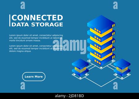 Transfer of user data to the server. Data flow. Data storage. Server. Digital space. Data center. Big Data. Conceptual illustration. Isometric vector Stock Vector