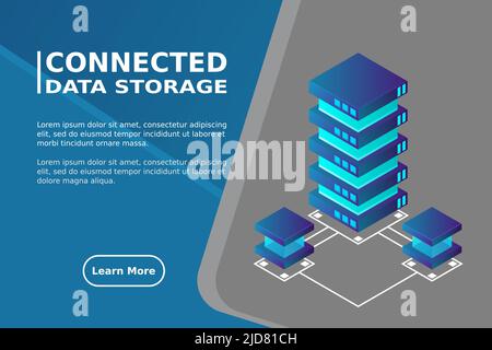 Transfer of user data to the server. Data flow. Data storage. Server. Digital space. Data center. Big Data. Conceptual illustration. Isometric vector Stock Vector