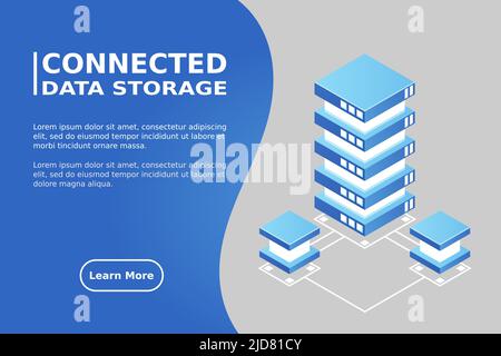 Transfer of user data to the server. Data flow. Data storage. Server. Digital space. Data center. Big Data. Conceptual illustration. Isometric vector Stock Vector