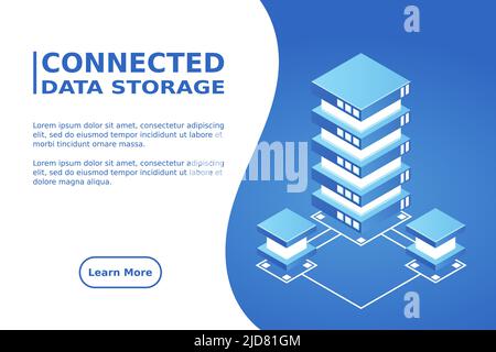 Transfer of user data to the server. Data flow. Data storage. Server. Digital space. Data center. Big Data. Conceptual illustration. Isometric vector Stock Vector