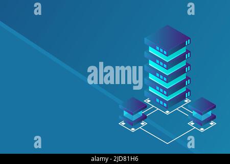 Transfer of user data to the server. Data flow. Data storage. Server. Digital space. Data center. Big Data. Conceptual illustration. Isometric vector Stock Vector