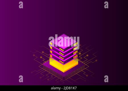 Concept of big data processing energy station of future server room rack data center isometric vector illustration Stock Vector