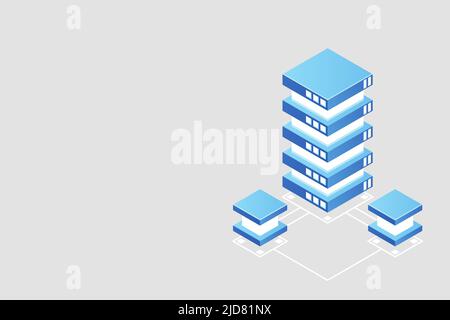 Transfer of user data to the server. Data flow. Data storage. Server. Digital space. Data center. Big Data. Conceptual illustration. Isometric vector Stock Vector