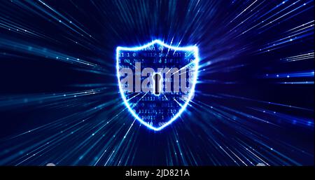 Data Protection And Cyber security Concept. Shield With Keyhole icon on digital data. Stock Photo