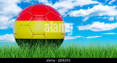 Soccer ball with Bolivian flag on the green grass against blue sky, 3D rendering Stock Photo