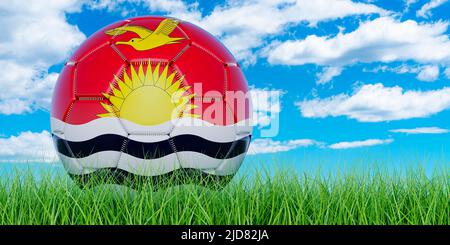 Soccer ball with Kiribatian flag on the green grass against blue sky, 3D rendering Stock Photo