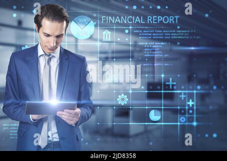 Financial adviser and accounting concept with accountant working on financial statement of corporate operations, auditing financial data and digital s Stock Photo