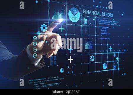 Investor analyzes stock market report and financial dashboard from business intelligence, with key performance indicators, business analytics concept, Stock Photo