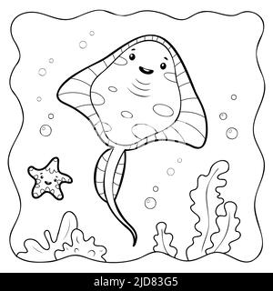 Cramp-fish black and white. Coloring book or Coloring page for kids. Marine background vector illustration Stock Vector