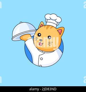 cute cat restaurant chef holding covered food tray animal mascot cartoon vector illustration Stock Vector