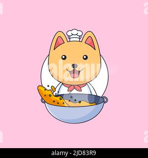 cute chef cat cooking street food use frying pan animal mascot cartoon vector illustration Stock Vector