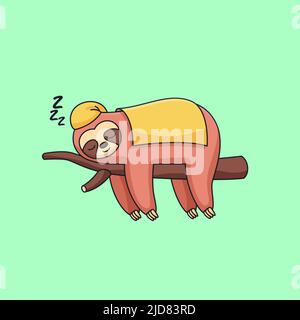 Cute sloth sleeping wearing blanket on twigs animal cartoon vector illustration Stock Vector