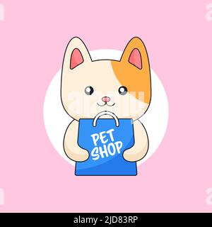 Cute cat holding shop bag for pet shop animal mascot cartoon vector illustration Stock Vector