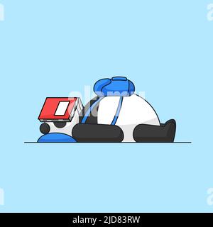 Cute fat panda lying wearing backpack on front tired and sleep after studying on school animal mascot cartoon vector illustration Stock Vector
