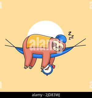 Cute sloth sleeping wearing blanket and holding alarm clock animal cartoon vector illustration Stock Vector