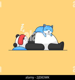 Fat panda lying sleeping with cute kitten cat on belly animal mascot cartoon activity vector illustration Stock Vector