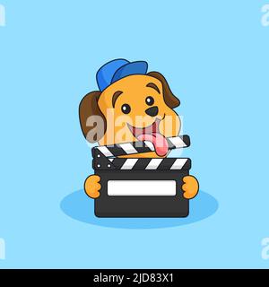 Dog holding movie clapper board for film production animal mascot cartoon logo design vector illustration Stock Vector