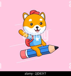 Happy cute shiba inu dog go to school ride flying pencil animal mascot cartoon vector illustration Stock Vector