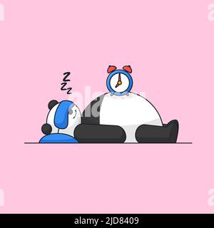 Cute fat panda tired sleeping wearing blindfold and alarm clock on his belly animal mascot cartoon vector illustration Stock Vector