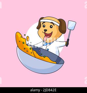 Cute puppy dog chef holding spatula cooking food vector illustration animal cartoon restaurant logo template design Stock Vector