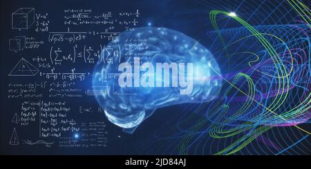 Artificial intelligence concept with digital human brain with convolutions, mathematical formulas and multi-colored chaotically painted lines on chalk Stock Photo