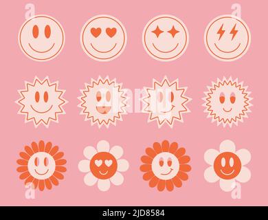 Set of simple cute hipster smile stickers. Trendy retro abstract patches. Vector illustration. Stock Vector