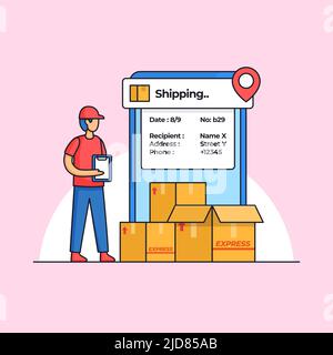 Modern delivery service employee checking lots of package order with shipment tracking mobile app vector illustration Stock Vector