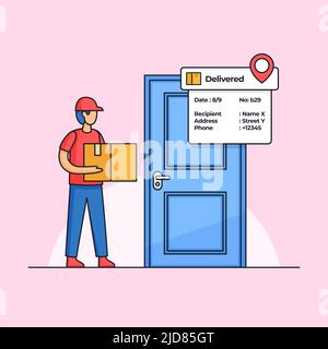 Delivery courier carrying order package box arrived at the costumer door design. Professional shipment service employee vector illustration Stock Vector