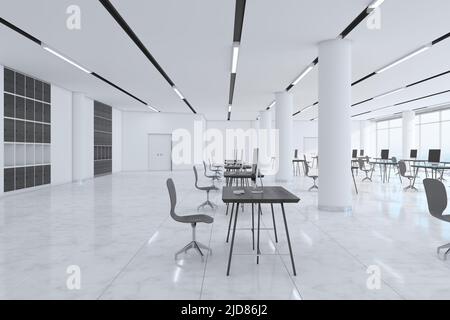 Side view on black color workspaces in monochrome style spacious coworking office with LED lamps on top, white columns and glossy marble floor. 3D ren Stock Photo