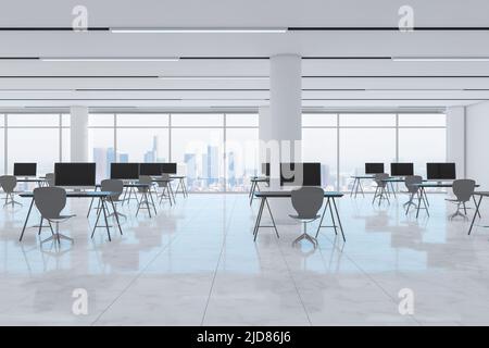 Front view on stylish and minimalistic design workspaces in coworking office with city view from big window, white columns and LED lamps on ceiling. 3 Stock Photo