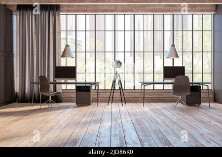 Front view on sunny eco style coworking office with wooden floor, huge squared window, comfortable workspaces and vintage floor projector between. 3D Stock Photo
