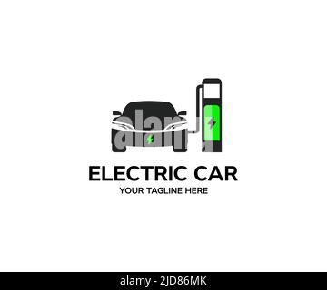 Electric car charging station. Power supply for electric car charging logo design. Power supply plugged into an electric car being charged for hybrid. Stock Vector