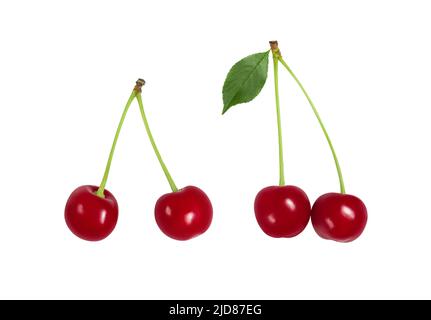 Set of ripe cherries isolated on a white background. Fresh berries. Stock Photo