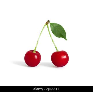 Cherry with green leaf isolated on a white background. Red ripe juicy berry with drops. Stock Photo
